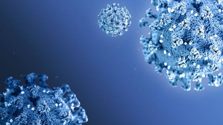 Blue 3D rendering of coronavirus particles