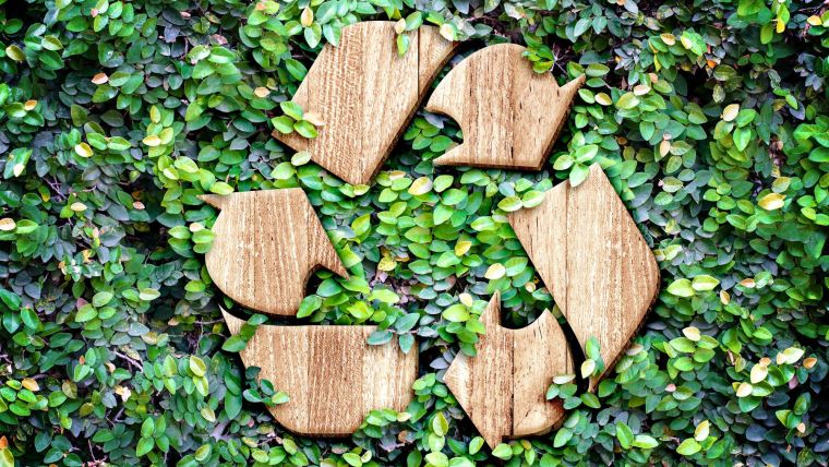 wooden recycling symbol against a background of green leaves.