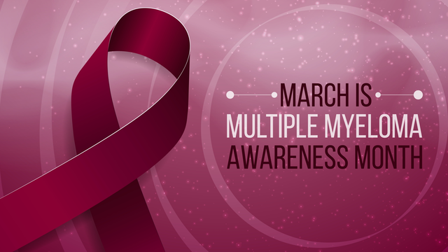 March is Myeloma Awareness Month. A red ribbon is shown.